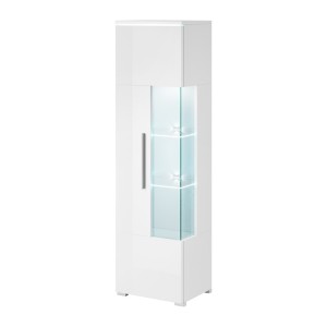 Vitrine haute design avec éclairage LED multicolore collection BOMBAY. Coloris blanc brillant. Ouverture Gauche