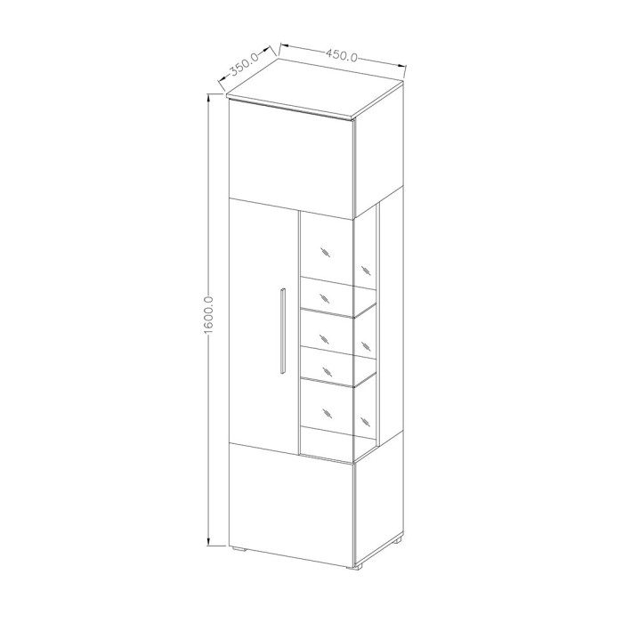 Vitrine haute design avec éclairage LED multicolore collection BOMBAY. Coloris blanc brillant. Ouverture Gauche