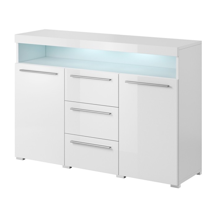 Buffet 130cm pour salon couleur blanc brillant avec éclairage LED multicolore intégré collection BOMBAY.