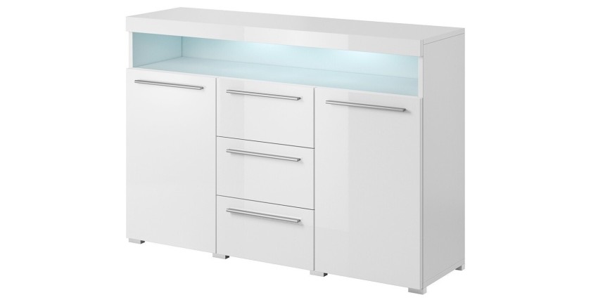 Buffet 130cm pour salon couleur blanc brillant avec éclairage LED multicolore intégré collection BOMBAY.