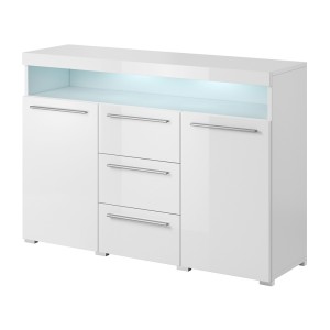 Buffet 130cm pour salon couleur blanc brillant avec éclairage LED multicolore intégré collection BOMBAY.