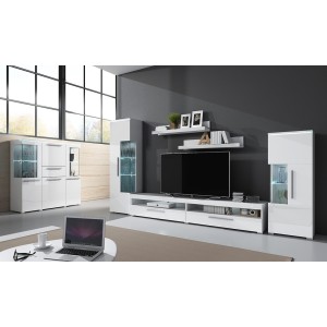 Meuble TV XL 200cm collection BOMBAY. Couleur blanc brillant. Éclairage LED multicolore.