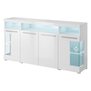Buffet XL 180cm avec 4 portes couleur blanc brillant avec éclairage LED multicolore intégré collection BOMBAY.