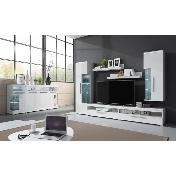 Buffet XL 180cm avec 4 portes couleur blanc brillant avec éclairage LED multicolore intégré collection BOMBAY.