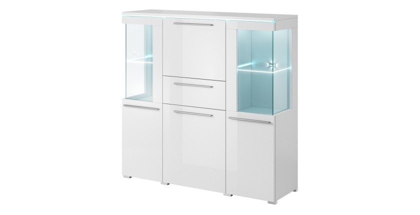 Buffet haut pour salon couleur blanc brillant avec éclairage LED multicolore intégré collection BOMBAY.