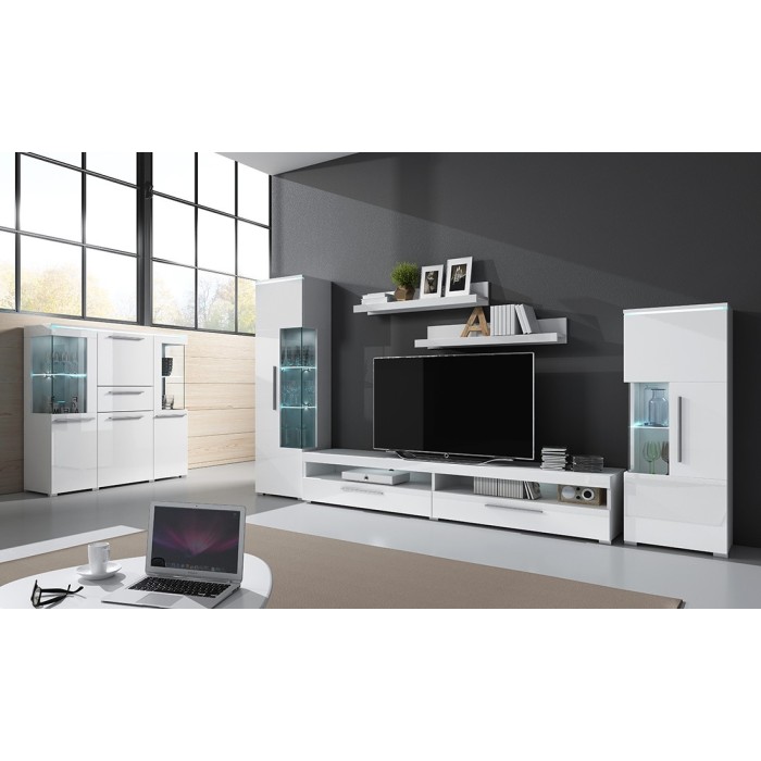 Buffet haut pour salon couleur blanc brillant avec éclairage LED multicolore intégré collection BOMBAY.