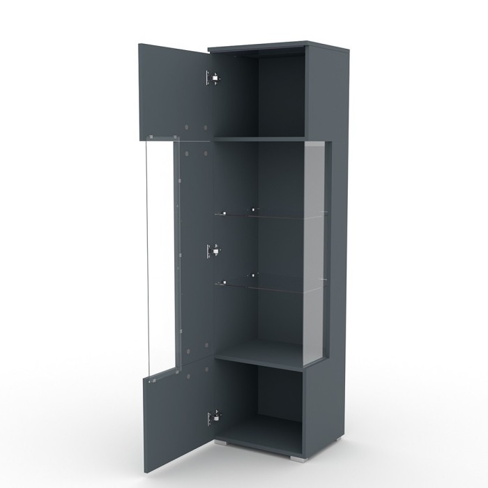 Vitrine haute design avec éclairage LED multicolore collection BOMBAY. Coloris gris brillant. Ouverture Gauche