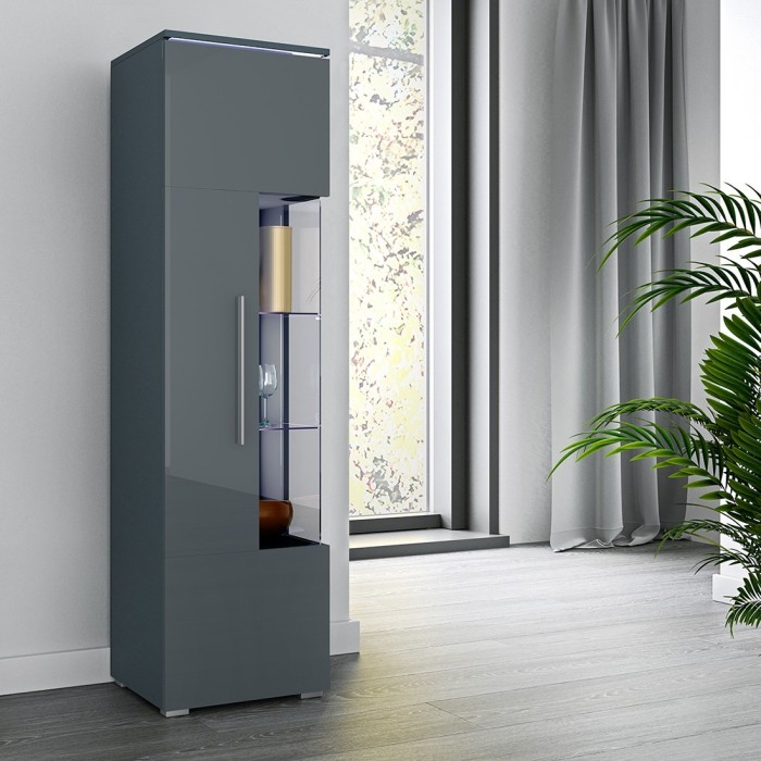 Vitrine haute design avec éclairage LED multicolore collection BOMBAY. Coloris gris brillant. Ouverture Gauche