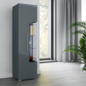 Vitrine haute design avec éclairage LED multicolore collection BOMBAY. Coloris gris brillant. Ouverture Gauche