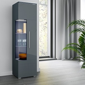 Vitrine haute design avec éclairage LED multicolore collection BOMBAY. Coloris gris brillant. Ouverture Droite