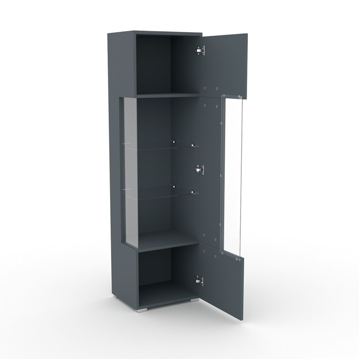 Vitrine haute design avec éclairage LED multicolore collection BOMBAY. Coloris gris brillant. Ouverture Droite