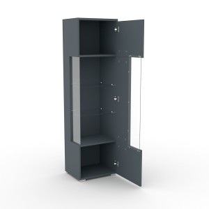 Vitrine haute design avec éclairage LED multicolore collection BOMBAY. Coloris gris brillant. Ouverture Droite