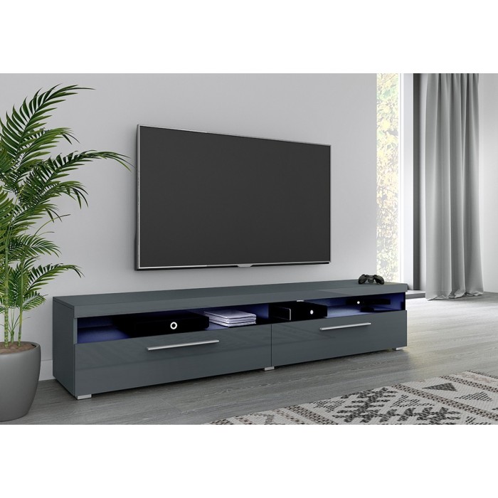 Meuble TV XL 200cm collection BOMBAY. Couleur gris brillant. Éclairage LED multicolore.