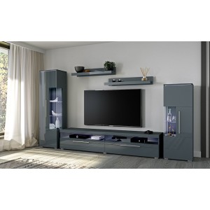 Meuble TV XL 200cm collection BOMBAY. Couleur gris brillant. Éclairage LED multicolore.
