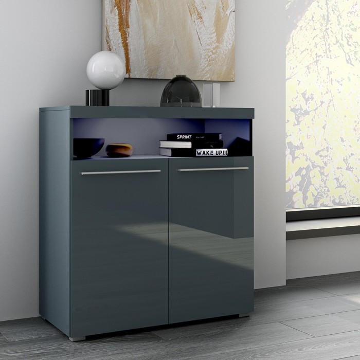 Buffet 90cm pour salon couleur gris brillant avec éclairage LED multicolore intégré collection BOMBAY.