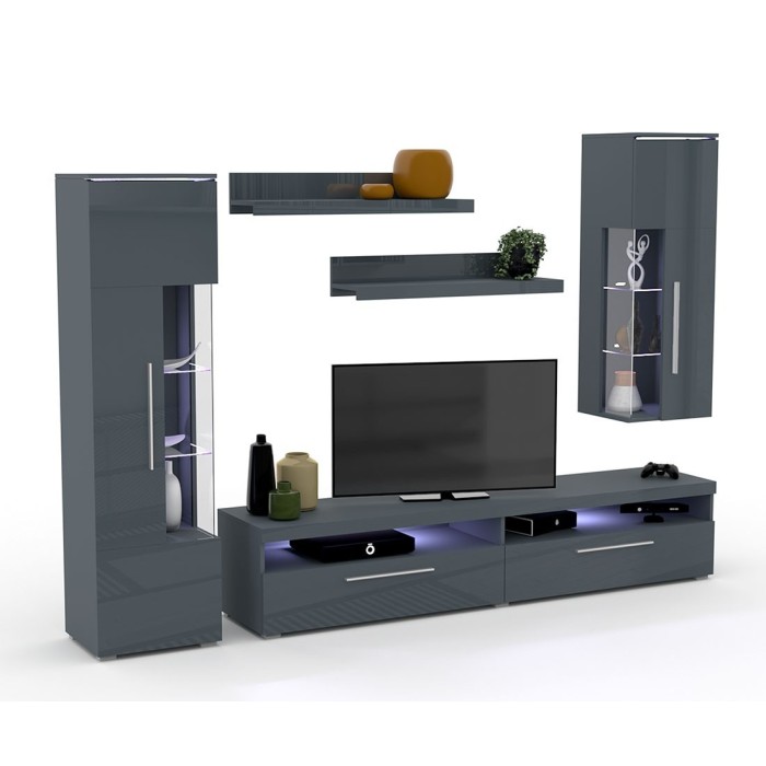 Composition de 5 meubles pour salon coloris gris brillant collection BOMBAY