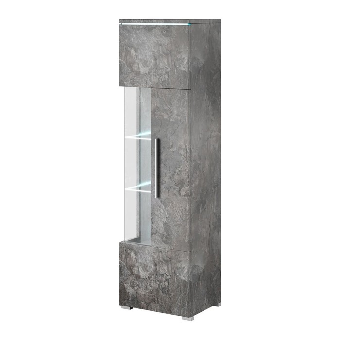 Vitrine haute design avec éclairage LED multicolore collection BOMBAY. Coloris gris effet ardoise. Ouverture Droite