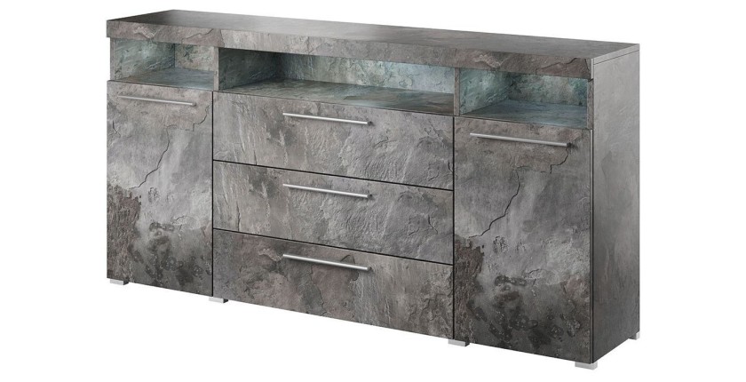 Buffet 180cm pour salon couleur gris effet ardoise avec éclairage LED multicolore intégré collection BOMBAY.