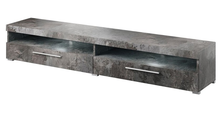 Meuble TV XL 200cm collection BOMBAY. Couleur gris effet ardoise. Éclairage LED multicolore.