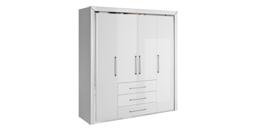 Armoire 4 portes et 3 tiroirs collection DOHA. Coloris blanc brillant et argent.