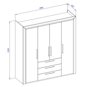 Armoire 4 portes et 3 tiroirs collection DOHA. Coloris blanc brillant et argent.