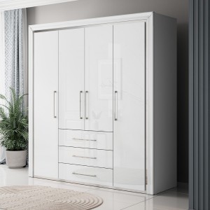 Armoire 4 portes et 3 tiroirs collection DOHA. Coloris blanc brillant et argent.