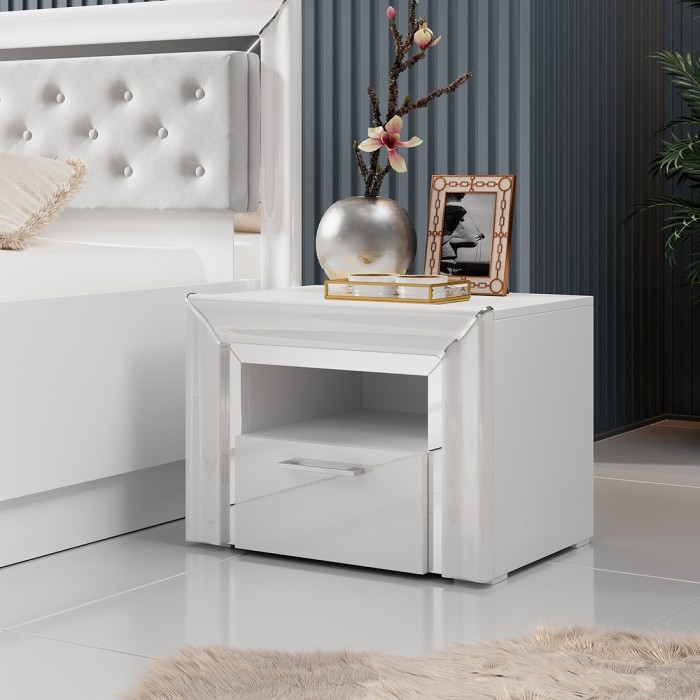 Table de chevet collection DOHA. 1 tiroir et 1 niche. Coloris blanc.