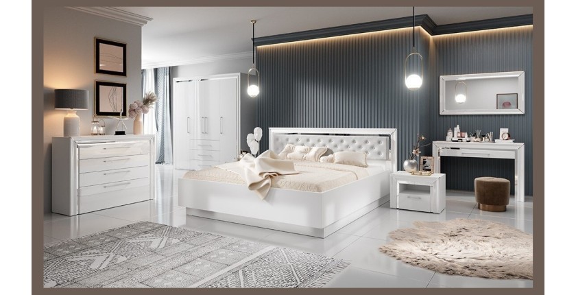 Chambre à coucher collection DOHA coloris blanc : Armoire, Lit 160x200, commode, chevets, miroir et bureau