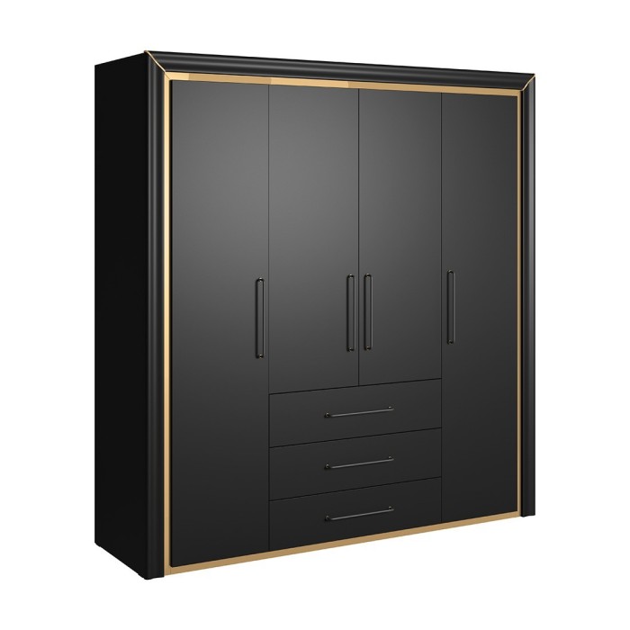 Armoire 4 portes et 3 tiroirs collection DOHA. Coloris noir mat et doré