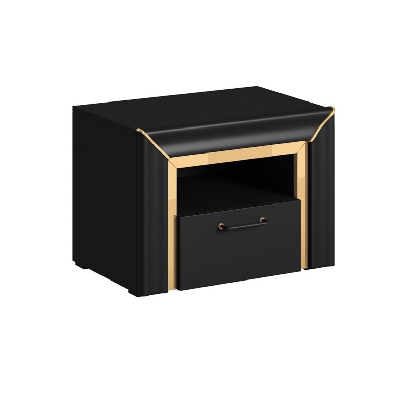 Table de chevet collection DOHA. 1 tiroir et 1 niche. Coloris noir mat et doré.