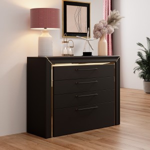 Commode design 4 tiroirs collection DOHA coloris noir mat et dorées
