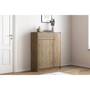Meuble à chaussures PARRA, 3 portes et 1 tiroir coloris chêne sonoma