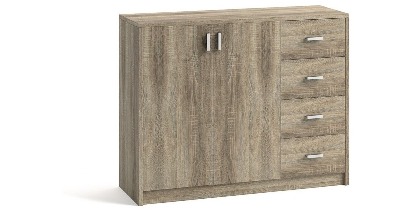 Commode  TOLLY 2 portes coloris, 4 tiroirs chêne sonoma