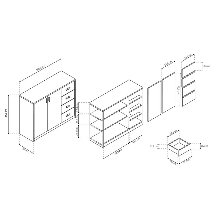 Commode  TOLLY 2 portes coloris, 4 tiroirs chêne sonoma