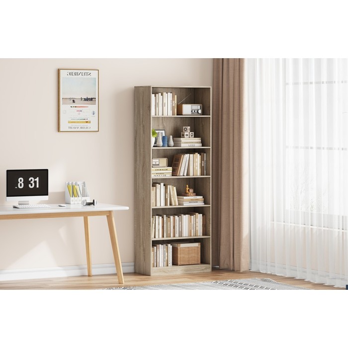 Bibliothèque large design 5 étagères, coloris chêne clair collection TOLLY