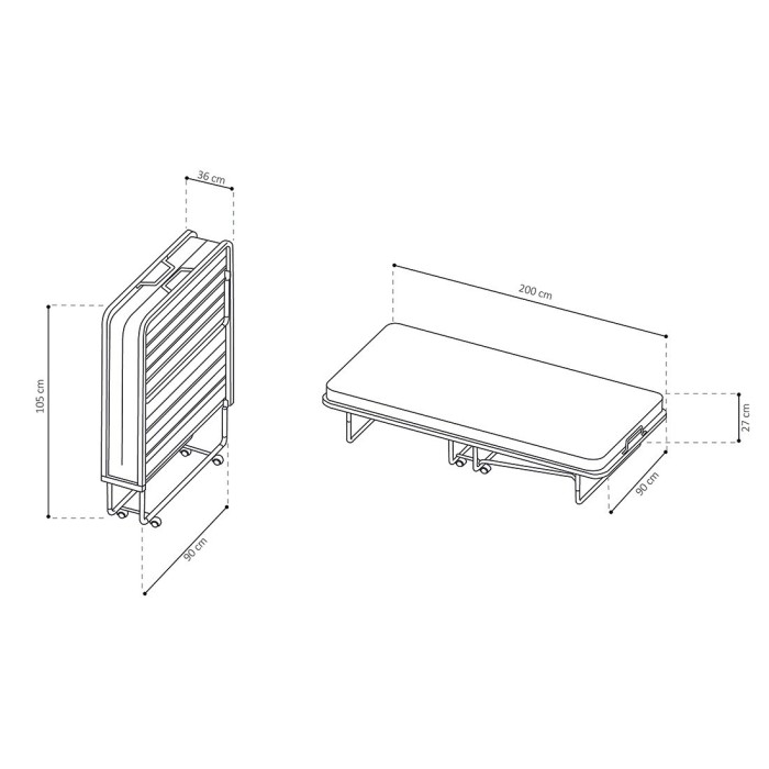 Lit pliant à roulettes en métal 90x200cm NAZARE, sommier et matelas inclus