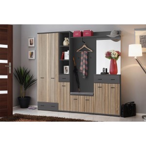 Meuble d'entrée avec Armoire, meuble à chaussure, colonne, commode, miroir et penderie collection POLO Coloris gris et chêne.