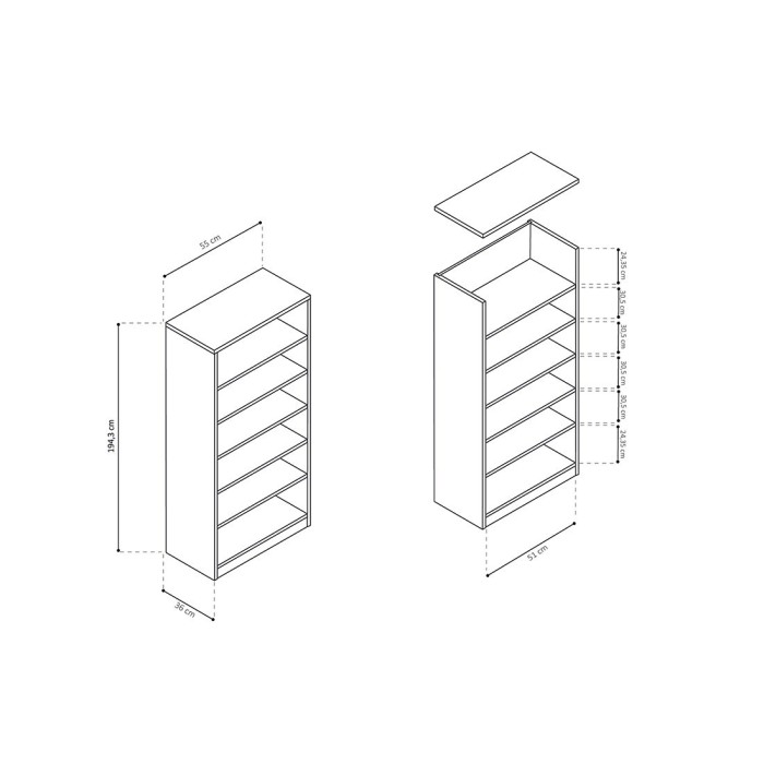 Bibliothèque design 5 étagères, coloris chêne clair collection TOLLY