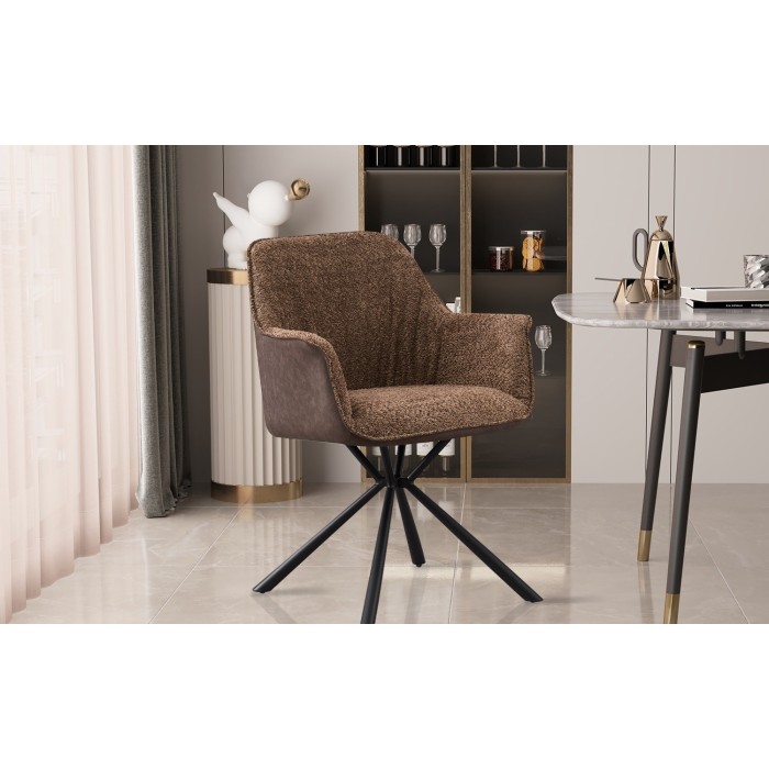 Chaise 'LUCIA' Bouclé Sable Dos PU Brun, dimension H82.5 x L62 x P63, idéal pour votre cuisine ou salle à manger