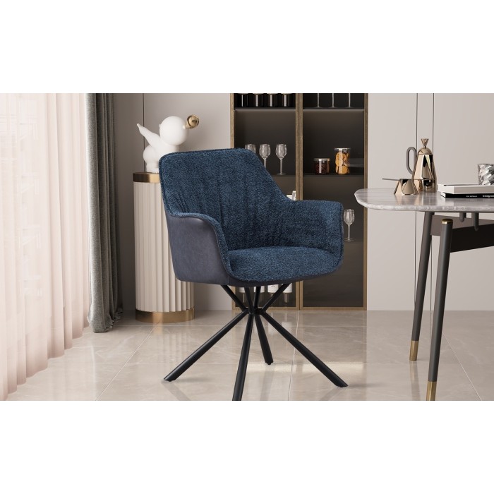 Chaise 'LUCIA' Bouclé Bleu Dos PU Bleu, dimension H82.5 x L62 x P63, idéal pour votre cuisine ou salle à manger