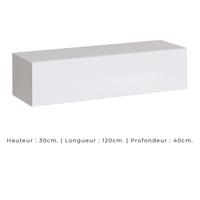 Meuble TV suspendu 120cm coloris blanc collection SWITCH. Finitions brillantes.