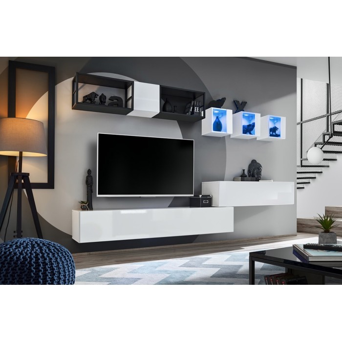 Meuble TV suspendu 120cm coloris blanc collection SWITCH. Finitions brillantes.