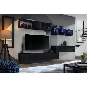 Meuble TV suspendu 120cm coloris noir collection SWITCH. Finitions brillantes.