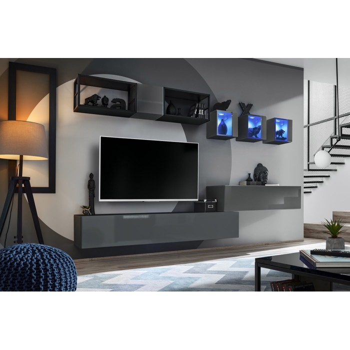 Meuble TV suspendu 120cm coloris gris collection SWITCH. Finitions brillantes.