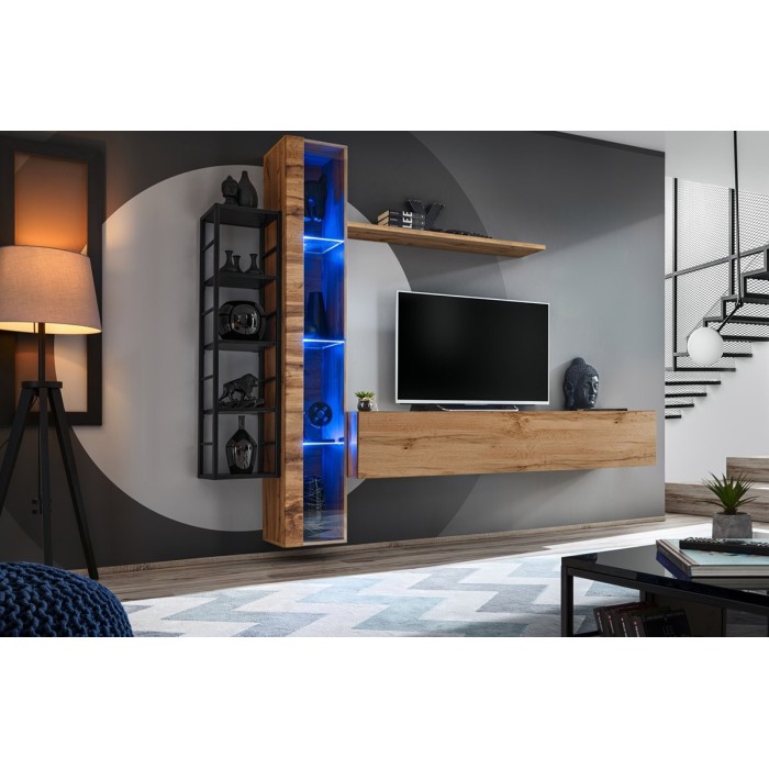 Vitrine suspendue coloris chêne Wotan avec 1 porte vitrée et éclairage LED inclus. Collection SWITCH.