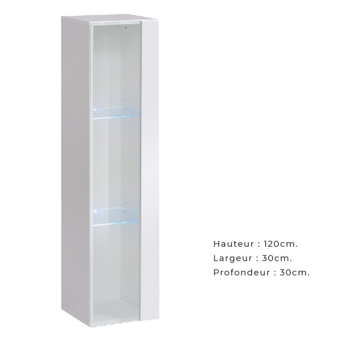 Vitrine suspendue blanche petit modèle avec 1 porte vitrée et éclairage LED inclus. Collection SWITCH.