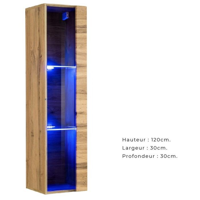 Vitrine suspendue coloris chêne petit modèle avec 1 porte vitrée et éclairage LED inclus. Collection SWITCH.