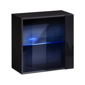 Vitrine noire carrée suspendue avec 1 porte vitrée et éclairage LED inclus. Collection SWITCH.