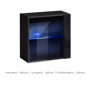 Vitrine noire carrée suspendue avec 1 porte vitrée et éclairage LED inclus. Collection SWITCH.