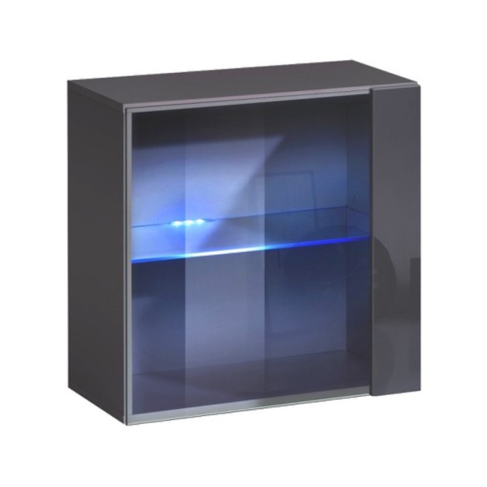 Vitrine grise carrée suspendue avec 1 porte vitrée et éclairage LED inclus. Collection SWITCH.